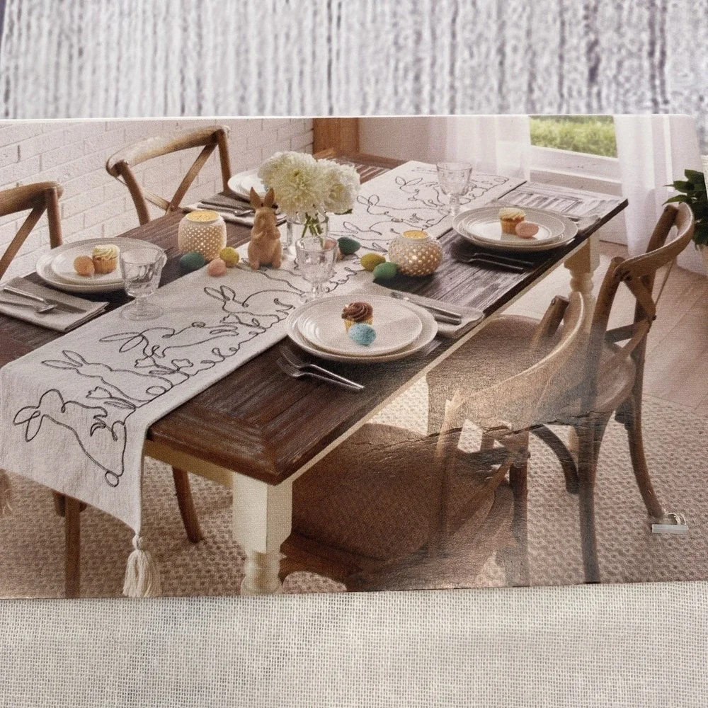Rachel Ashwell Farmhouse Table Runner 14x72 Easter Bunny Spring Embroidered